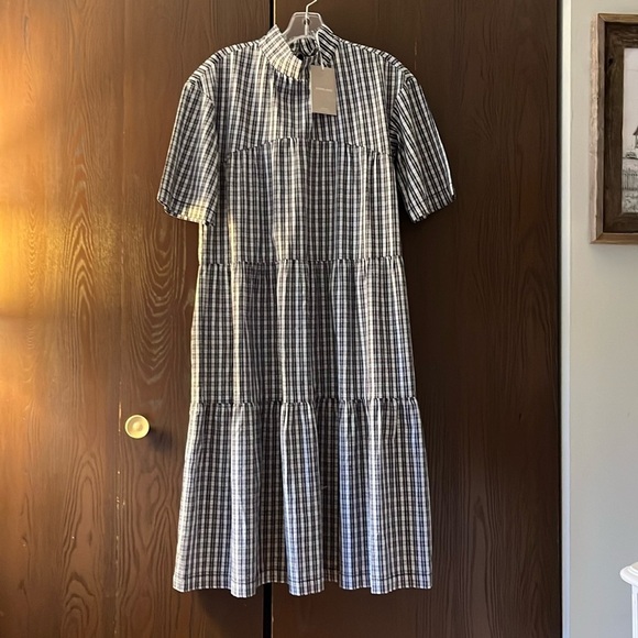 Everlane navy/ light blue checked, ruffled, maxi dress. Size Small. NWT - Picture 1 of 10